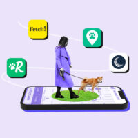 Dog walker standing on an oversized smartphone surrounded by icons for dog-walking apps