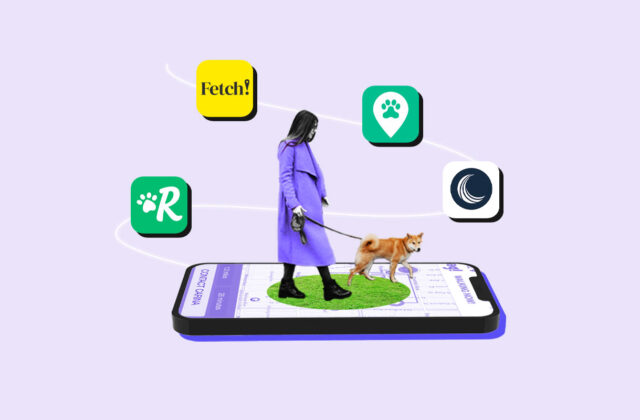 Dog walker standing on an oversized smartphone surrounded by icons for dog-walking apps