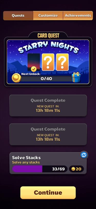 Card Quests feature on the 21 Blitz gaming app.
