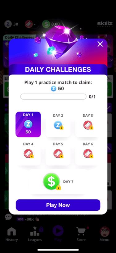 Prizes available for completing Daily Challenges in the 21 Blitz gaming app.