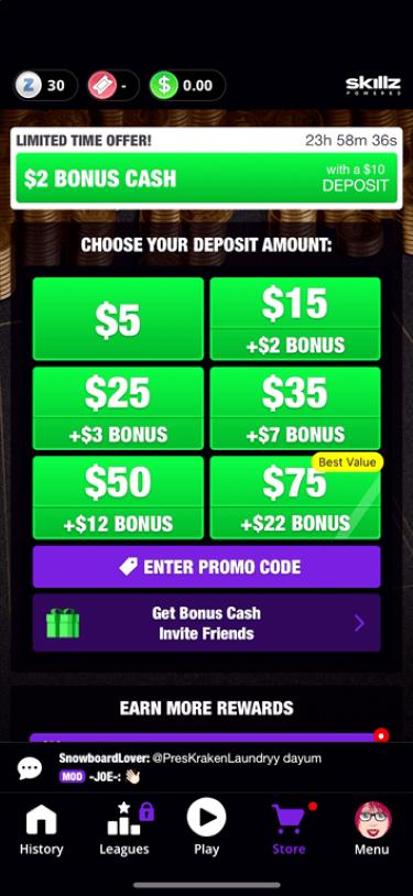 Denominations available for depositing cash in the 21 Blitz gaming app. 