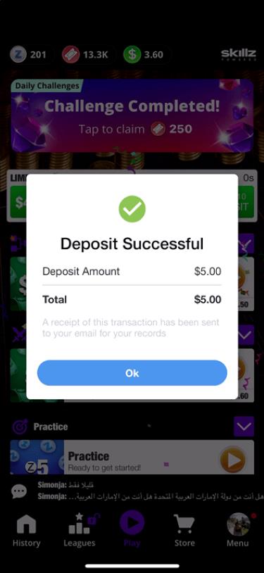 Five-dollar deposit on the 21 Blitz gaming app.