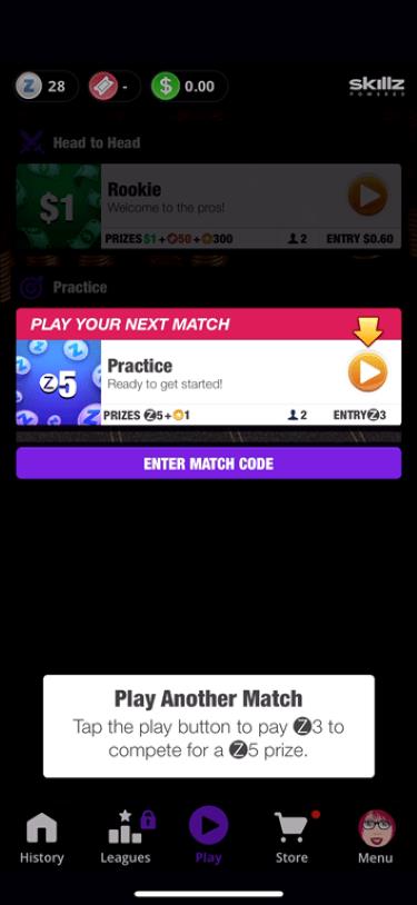 Practice games on the 21 Blitz gaming app.