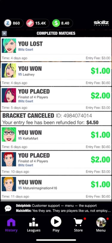Results of cash tournaments on the 21 Blitz gaming app.