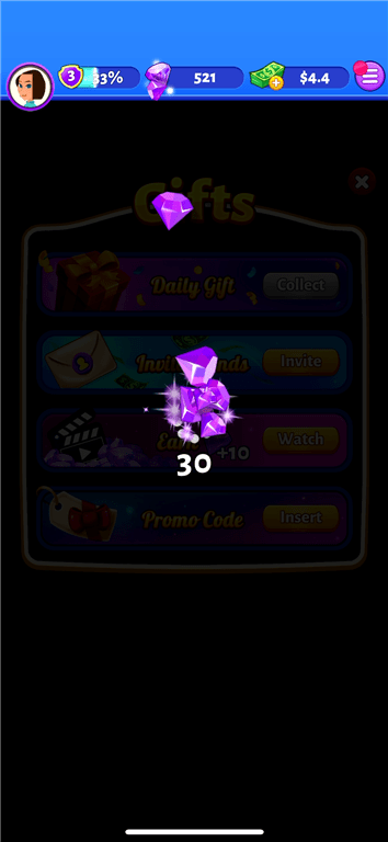 Collecting a Daily Gift of 30 Gems on 21 Cash.