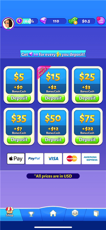 Denominations for depositing money on the 21 Cash gaming app.