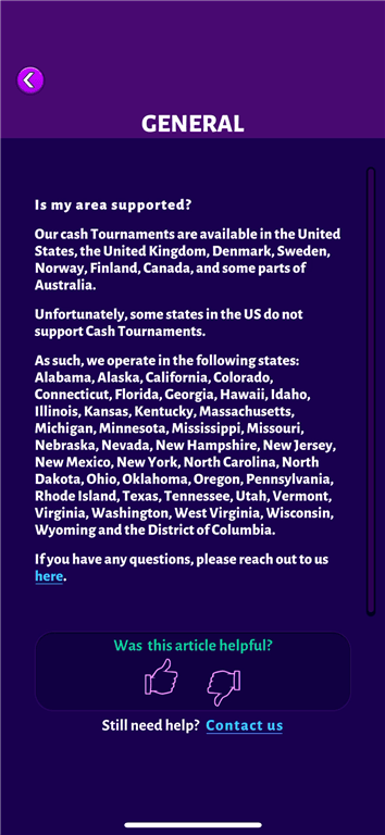 21 Cash help page showing US states and countries with cash games available.