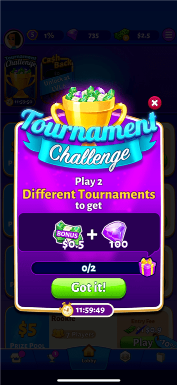Tournament Challenge for earning bonus rewards on the 21 Cash gaming app.
