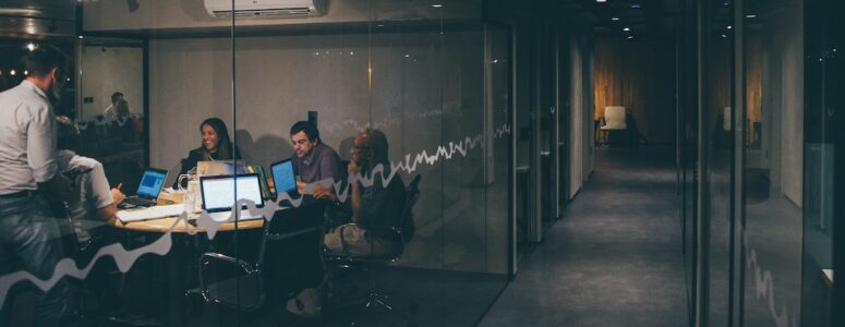 A team working late at night in an office.