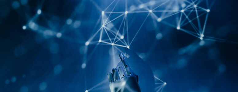 Robotic hand pointing to a web of interconnected lights across a blue background