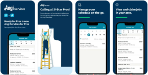 Four ads for the Angi Services app, including example schedules and jobs