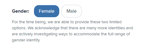 Screenshot of the Care.com signup for showing that there are only two options for selecting your gender: male and female.