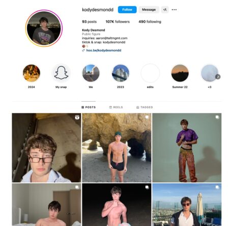 Social media influencer Kody Desmond's Instagram profile, posts, and follower stats