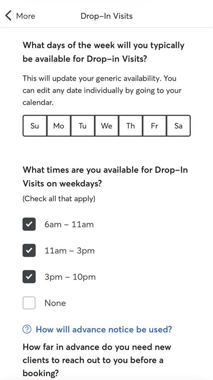 In-app screenshot of worker availability options for drop-in visits on the Rover app.