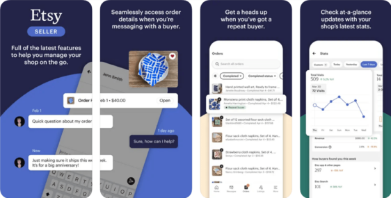 Etsy Seller mobile app snapshots showing example orders and stats