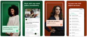 Four advertisements for the Fiverr app, showing example Fiverr jobs and freelancer pages