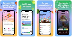 Screenshots of the Fluz mobile app for getting cash back on purchases