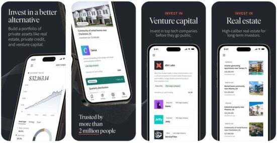 Screenshots of the Fundrise mobile app for making money by investing