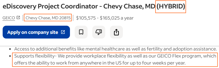 Screengrab of Indeed job post showing “hybrid” in title but not in the location tag.