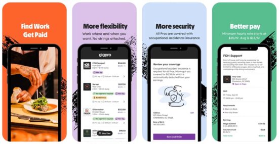 Gigpro app screenshots showing the features and benefits of Gigpro for gig workers