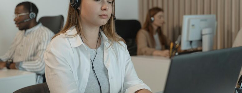 Freelance transcriber working on her laptop.