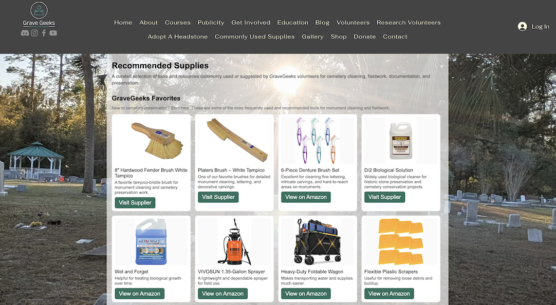 A screenshot of GraveGeeks' "Commonly Used Supplies" page.