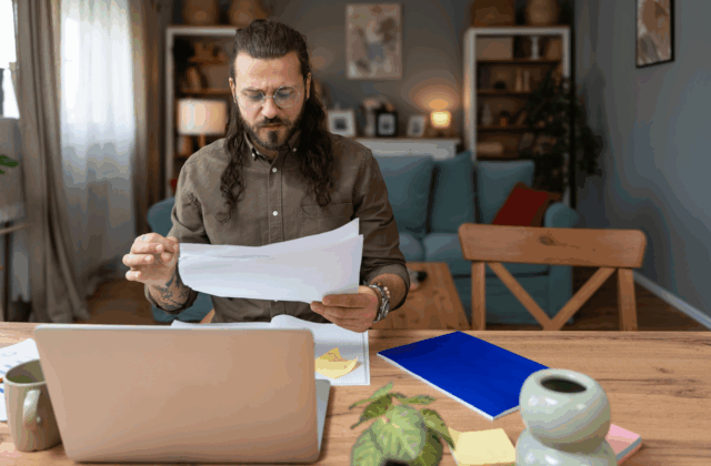 Man with long hair and glasses reviewing papers at a wooden desk with a laptop, notebooks, and coffee mug in a cozy, well-lit living room. He appears focused and serious, suggesting engagement with remote or freelance work.