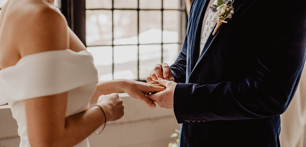 a newly-wed couple is exchanging rings