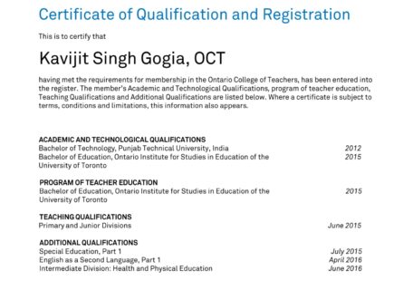 Teacher Kavi Singh's teaching qualifications and certifications.