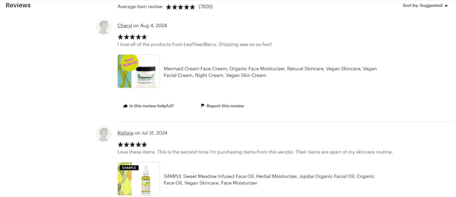 Customer reviews on Etsy for Jessica Kennedy's handmade skincare business Leaf Seed Berry