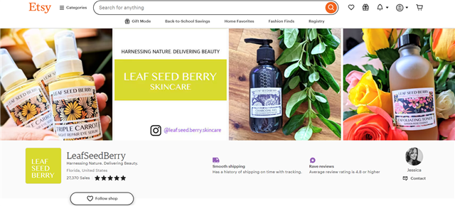 Etsy store page for the handmade skincare business Leaf Seed Berry