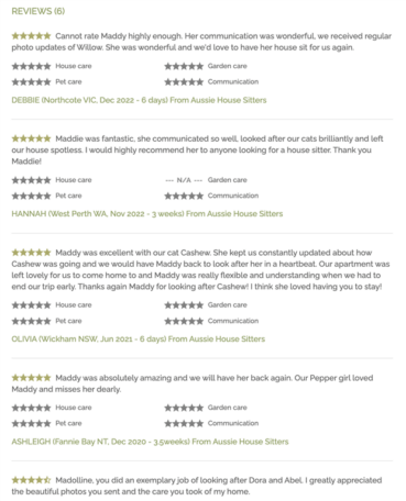 Reviews from satisfied clients who have booked Madolline as a house sitter through Aussie House Sitters.