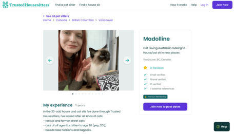 Madolline's house sitter profile on TrustedHousesitters.com, showing details about herself and her services.