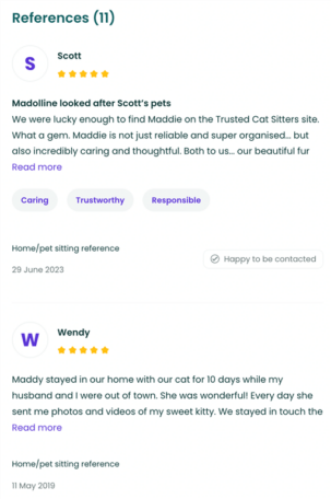 Reviews from homeowners who have booked Madolline's house sitting services through TrustedHousesitters.