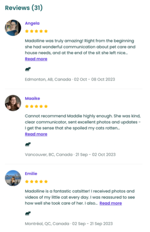Reviews from homeowners who have booked Madolline's house sitting services through TrustedHousesitters.
