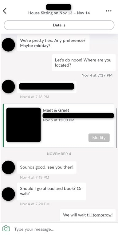 In-app screenshot of a conversation between a Rover worker and client discussing a meet-and-greet.