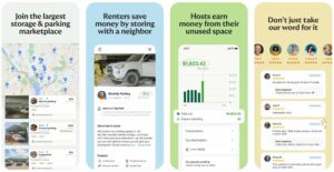 Screenshots of the Neighbor app for hosts showing the benefits of renting out unused space on Neighbor