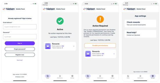 Screenshots of the Nielsen Mobile App for getting paid to share your data