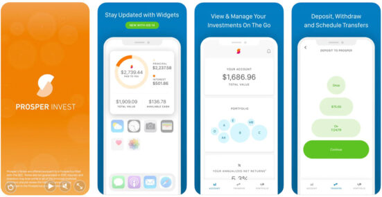 Screenshots of the Prosper app for investing in loans