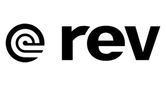 Logo for Rev, a top website for finding transcription and captioning work