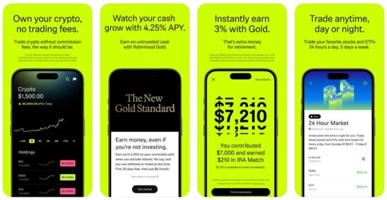 Screenshots of the Robinhood app for making money by investing and trading stocks from your phone