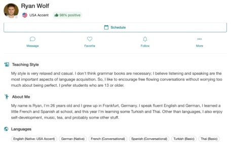 Cambly teacher Ryan Wolf's profile page, describing his teaching style, background info, and languages spoken