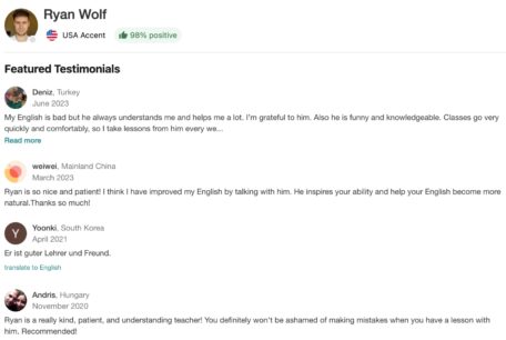 Cambly tutor Ryan Wolf's featured testimonials from Cambly students