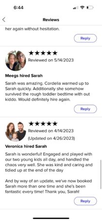 Sarah Matisse's reviews from parents on UrbanSitter.