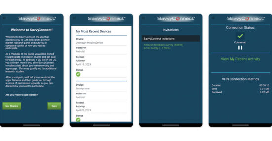 Screenshots of the SavvyConnect mobile app for selling your data