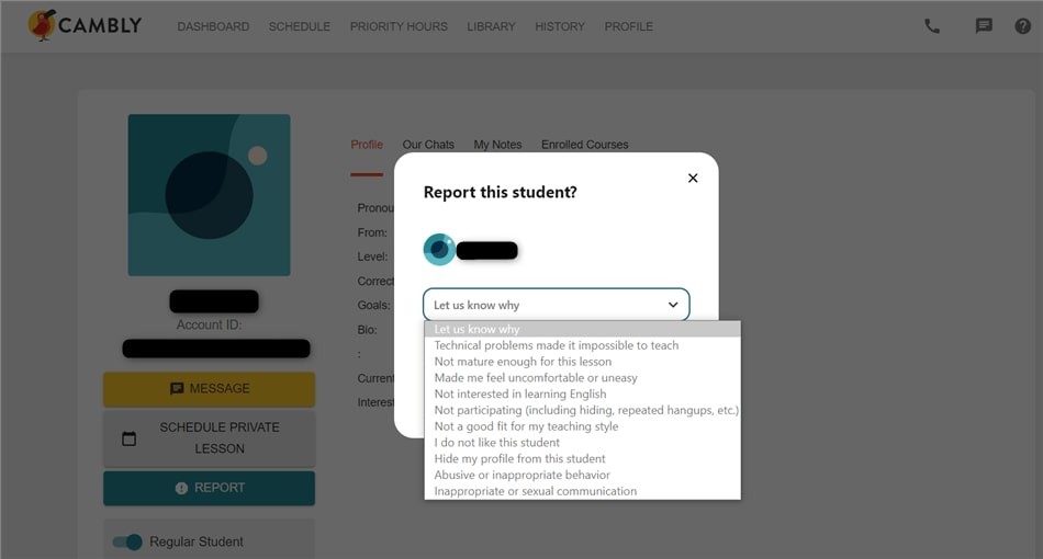 Screenshot How to Report a Student on Cambly