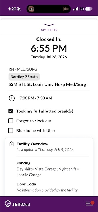 ShiftMed interface displaying self-reported breaks and working hours.
