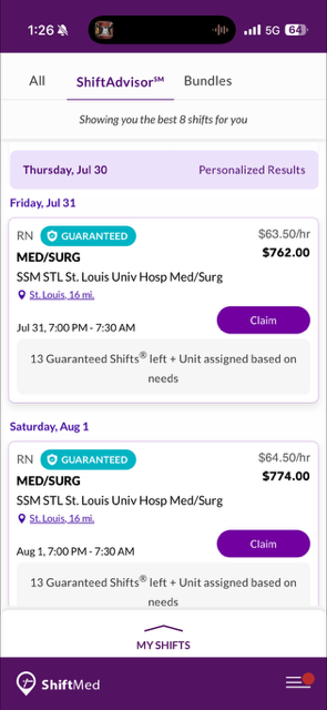ShiftMed interface displaying shift pay rates.