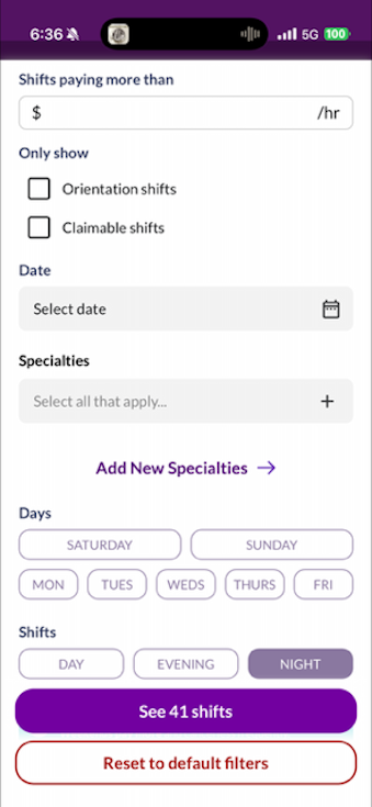 ShiftMed app interface displaying shift preferences.