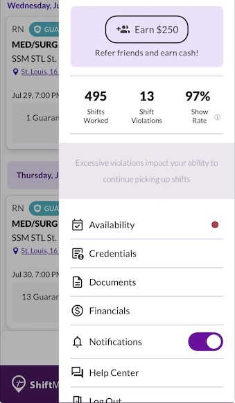ShiftMed app dashboard displaying worker performance metrics, including show rate, total shifts worked, and shift violations.